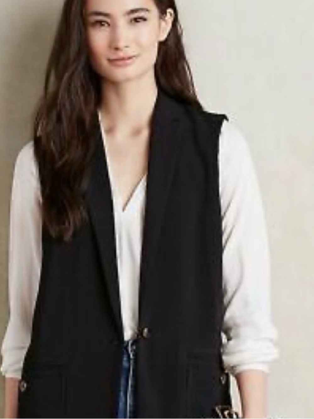 Anthropologie Cartonnier Black Longline Sleeveless Blazer Vest Single Button Lrg